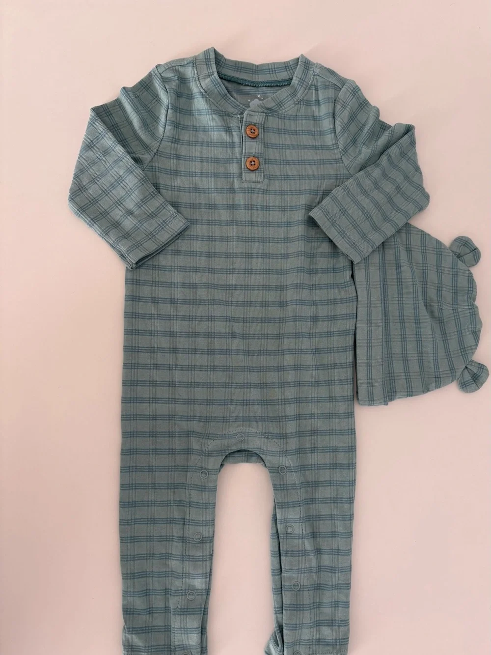 cloud island Teal Plaid Baby one-Piece with Matching Hat 6-9M